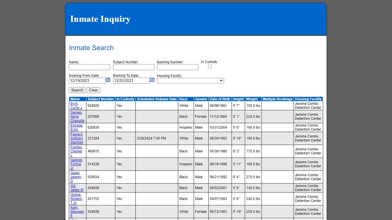 Inmate Inquiry - Inmate Search